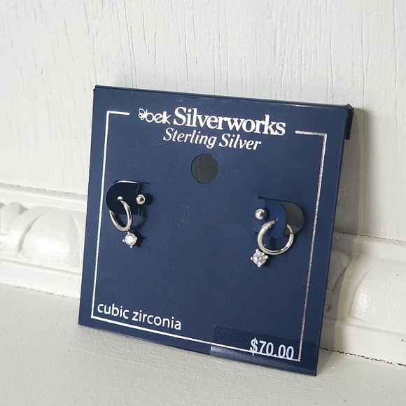 SILVERWORKS TRIO STERLING SILVER CUBIC ZIRCONIA STUD HOOP EARRINGS - Picture 4 of 4